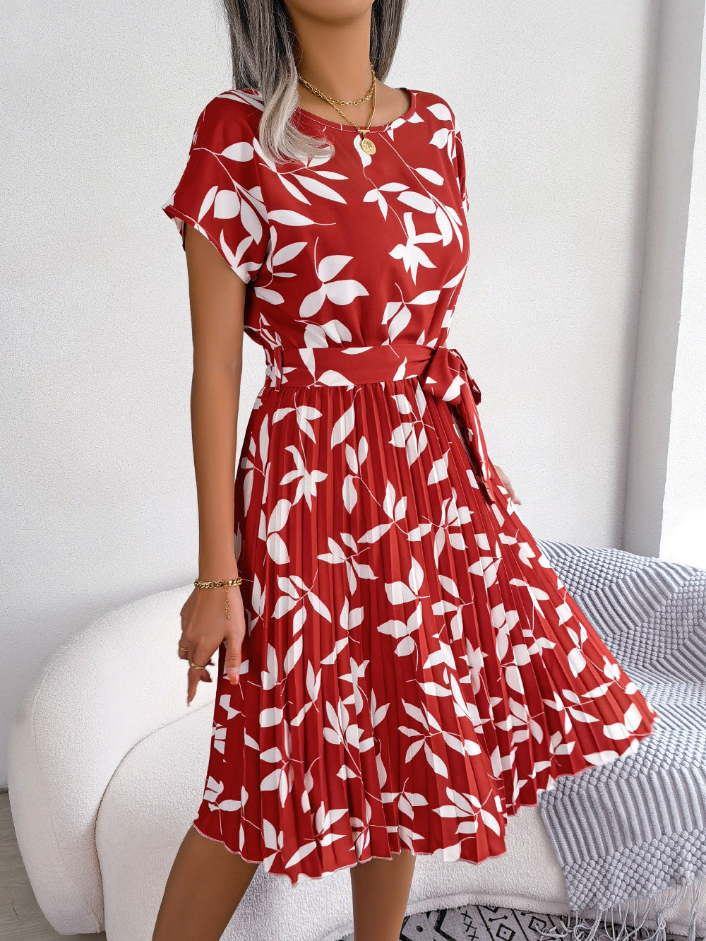 Leaf Print Pleated Maxi Dress Casual Summer Women
