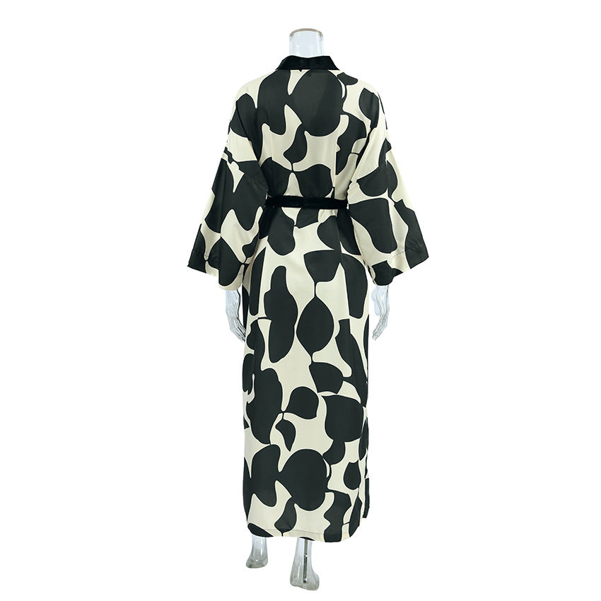Printed Satin Long Sleeve Tie-Waist Robe