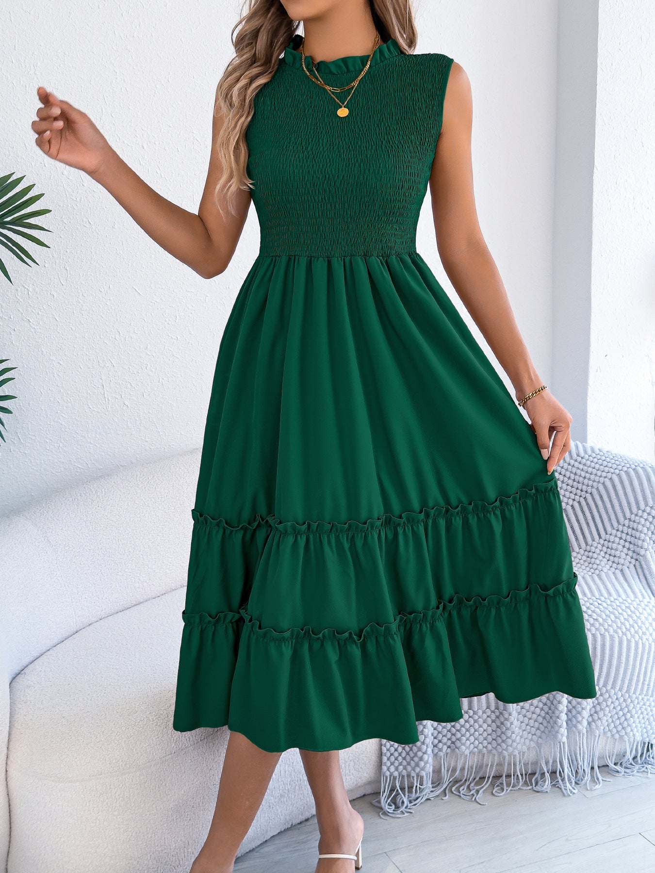 Women's Sleeveless Smocked Waist Ruffle Maxi Dress