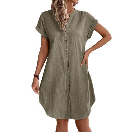 Casual Button-Down V-Neck Dress
