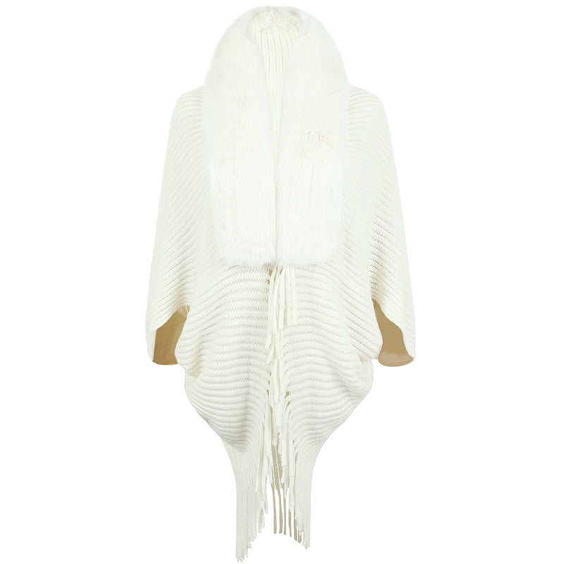 Faux Fur Trim Fringe Knit Cape