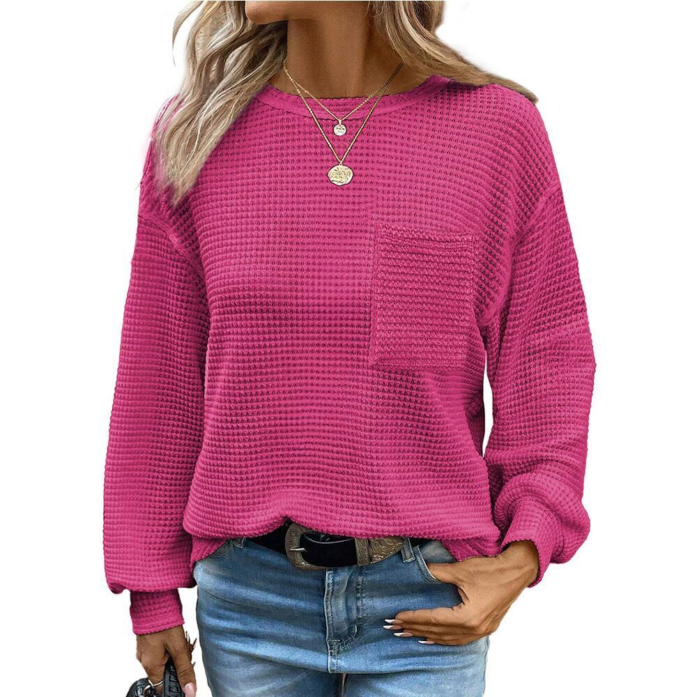 Waffle Knit Long Sleeve Top with Pocket