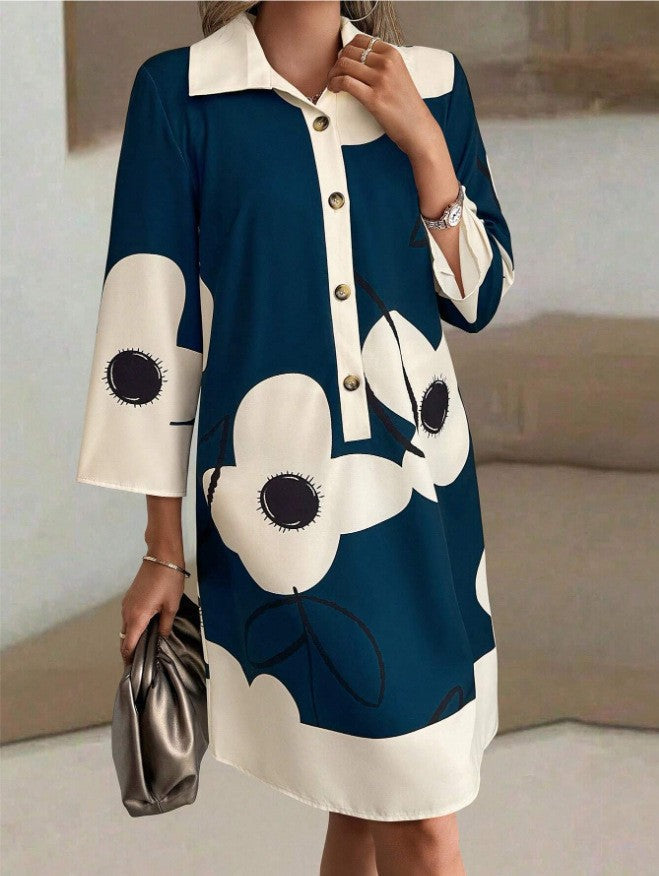 Printed Mid-Sleeve Loose Shirt Dress