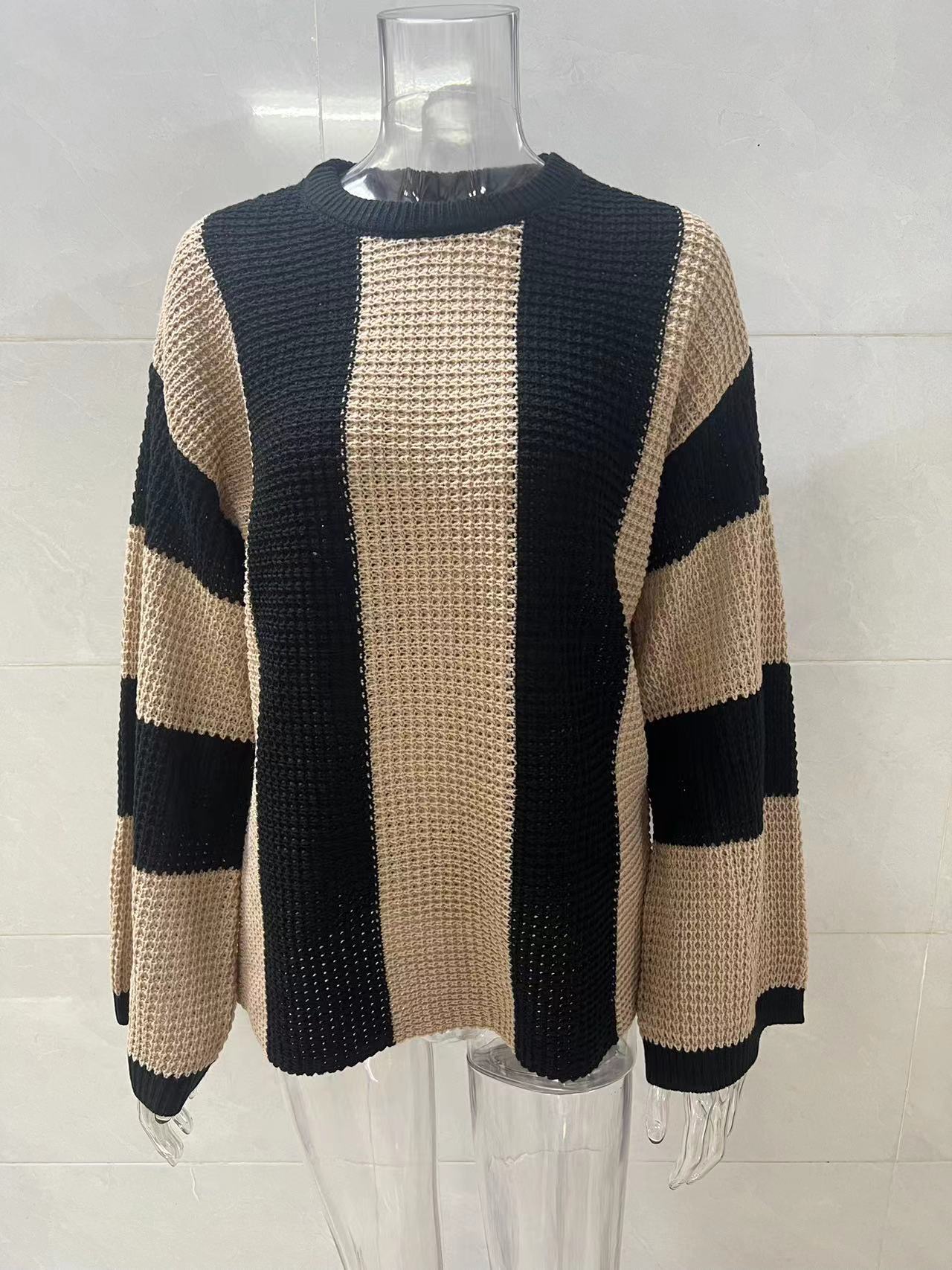 Striped Knit Sweater Women Crew Neck Pullover