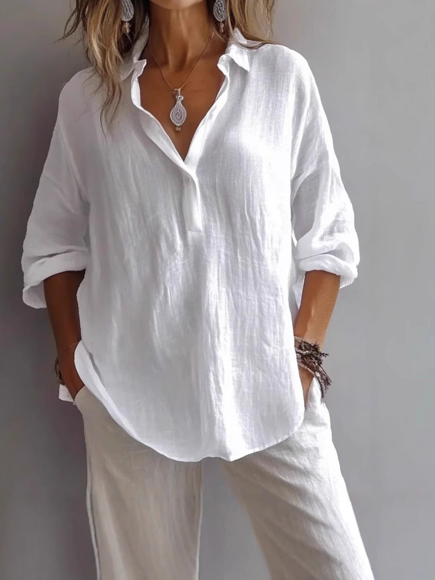 Relaxed V-Neck Long Sleeve Shirt