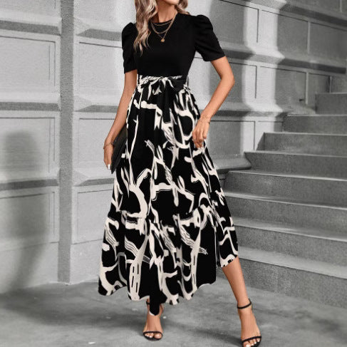 Black and White Floral Print Dress with Belted Waist