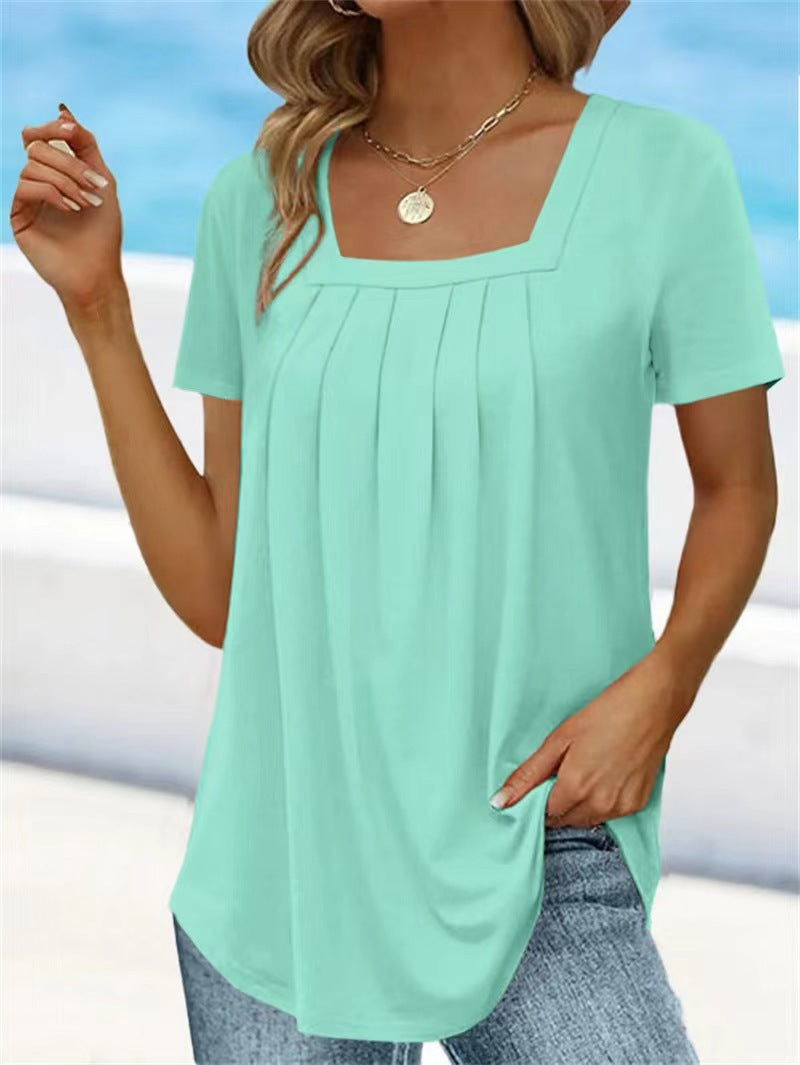 Square Neck Pleated Short Sleeve T-shirt
