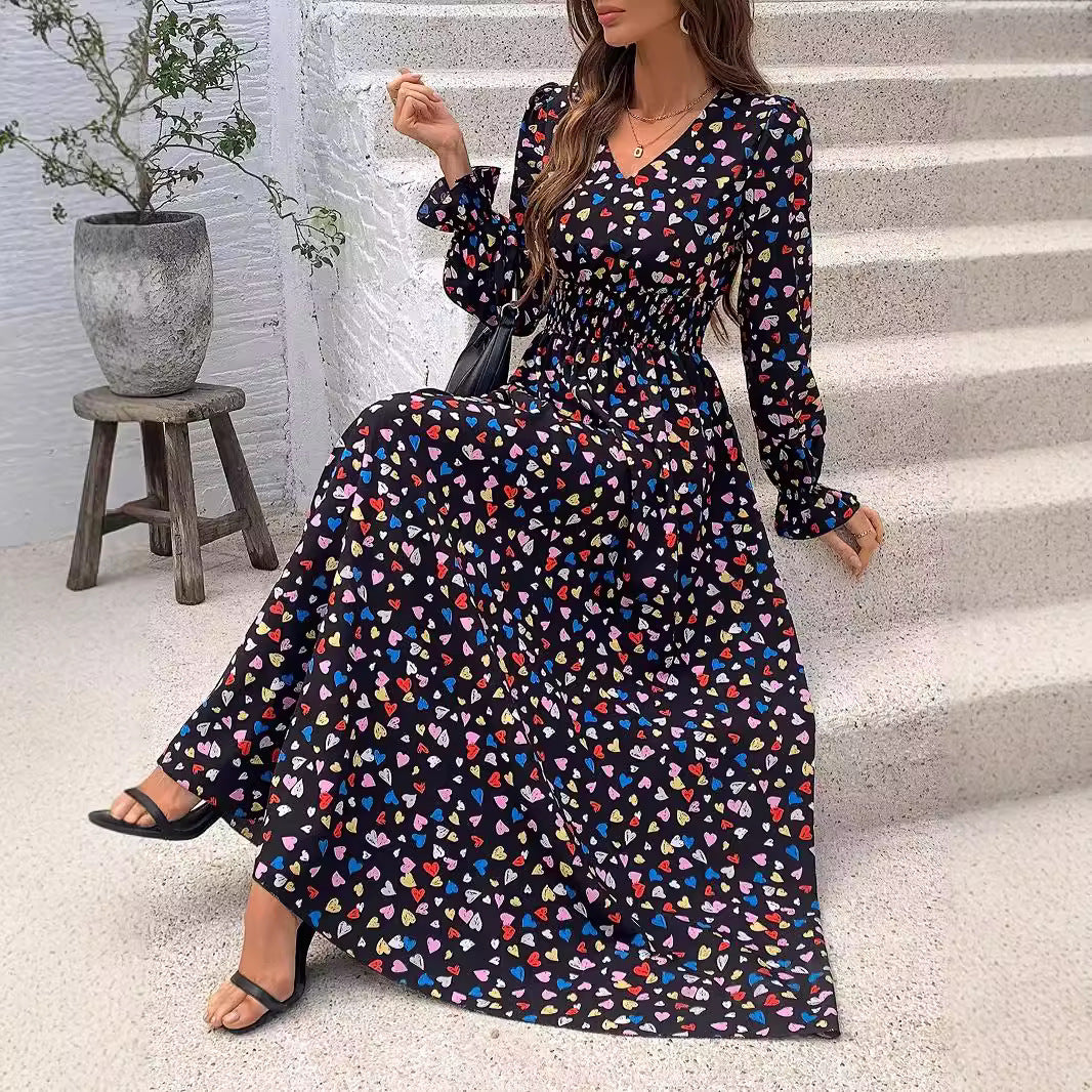 Floral Print V-Neck Long Sleeve Dress
