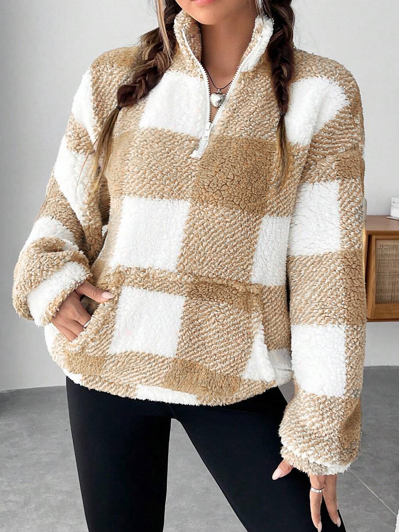 Plaid Half-Zip Fleece Cropped Sweatshirt