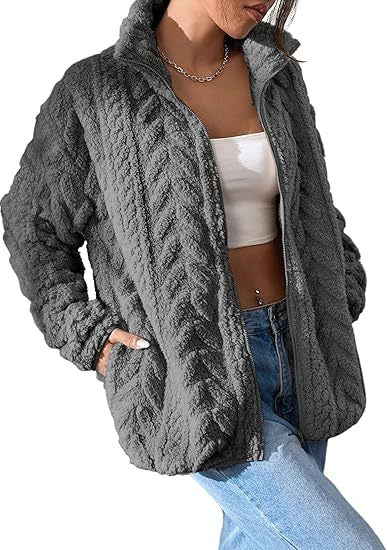 Solid Zip-Up Stand Collar Fleece Jacket
