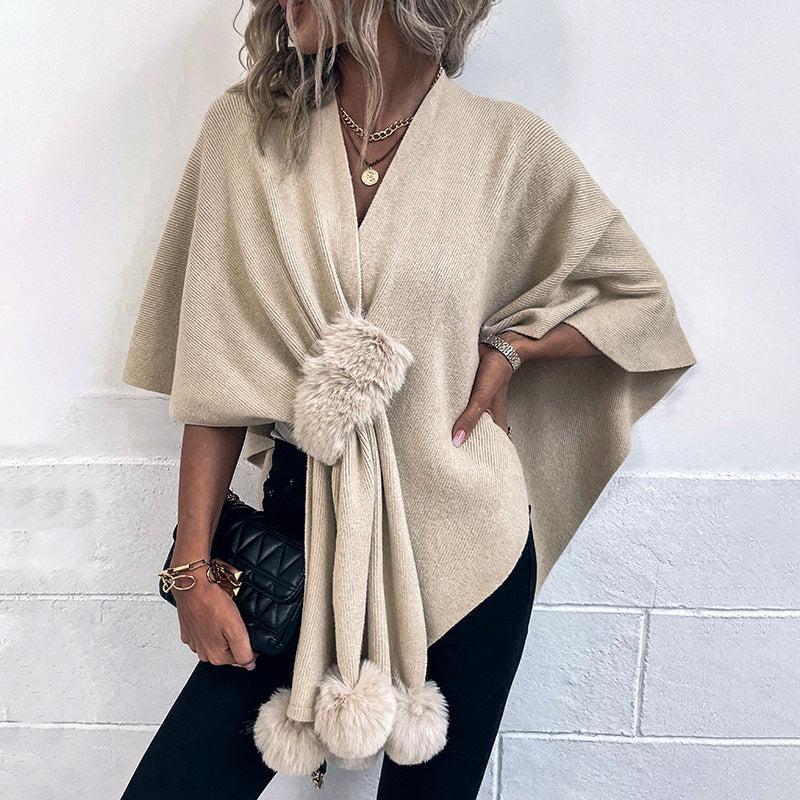 Pom Pom Knit Cape Sweater Shawl Cardigan for Women