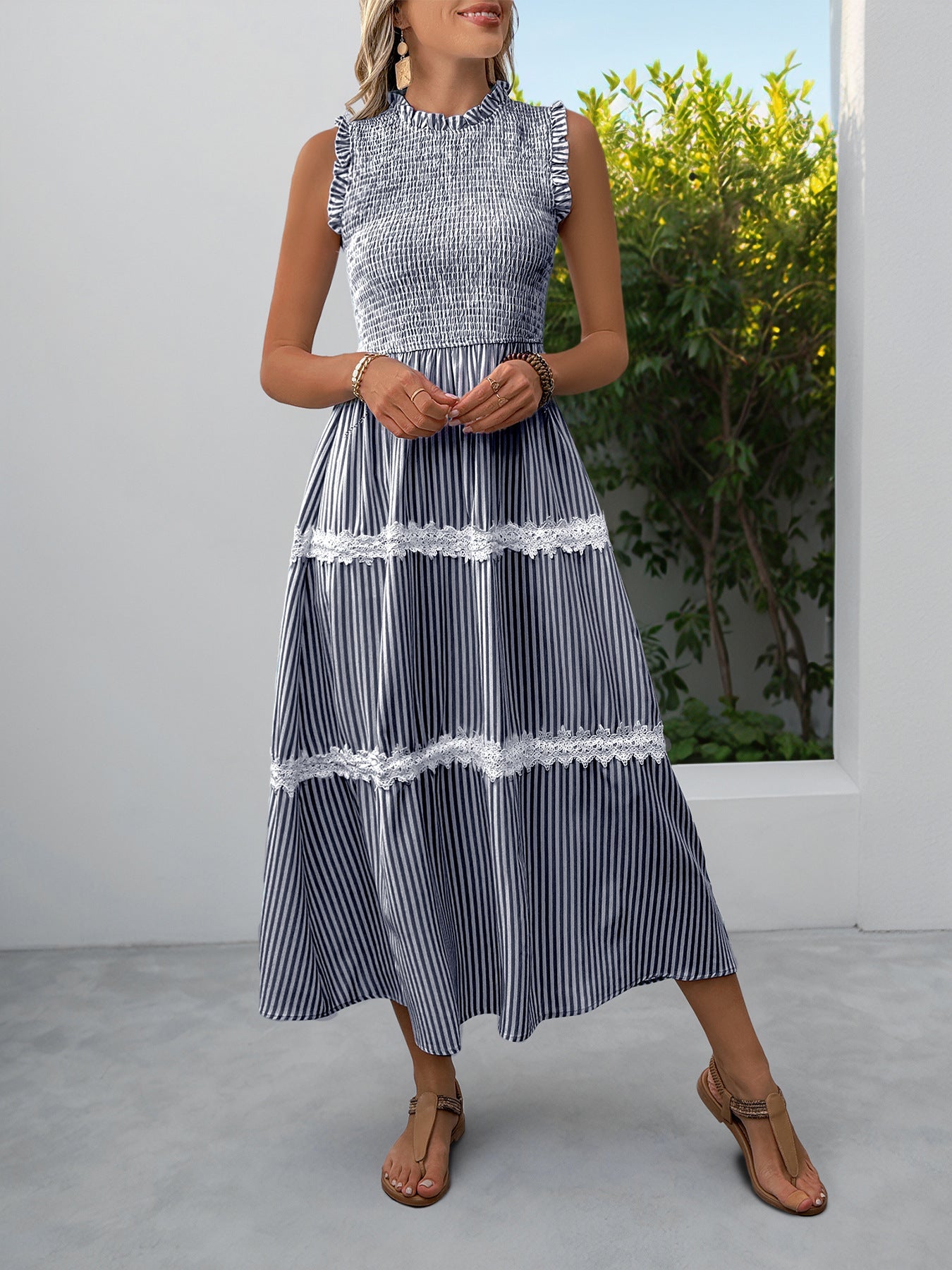 Sleeveless Striped Lace Ruffle Dress