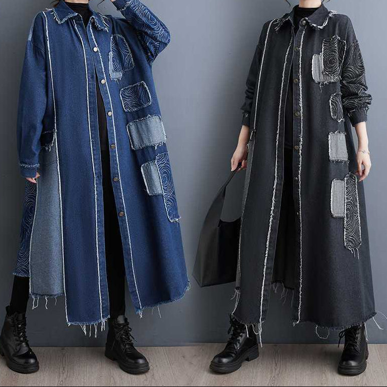 Oversized Vintage Patchwork Denim Trench Coat