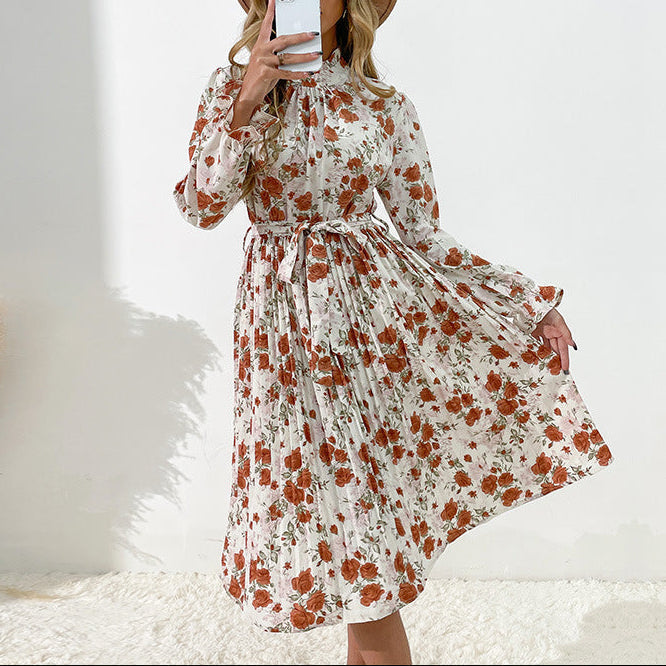 Floral Pleated Long Sleeve Dress with Belt