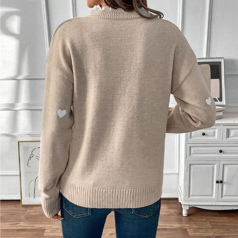 Heart Pattern Lace Trim Knit Pullover Sweater