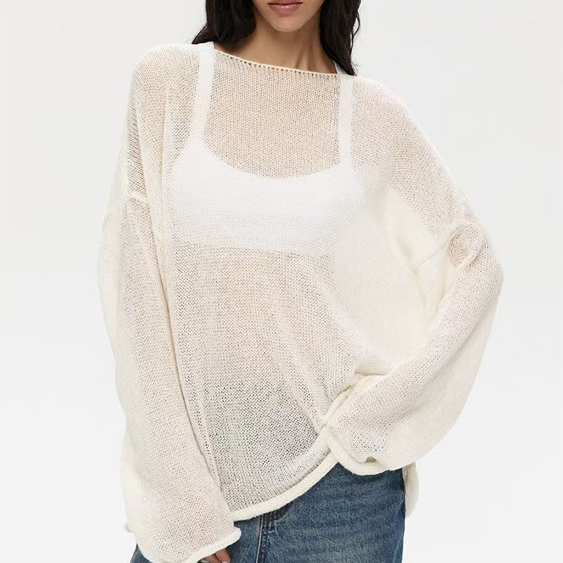 Sheer Hollow Knit Crew Neck Sweater