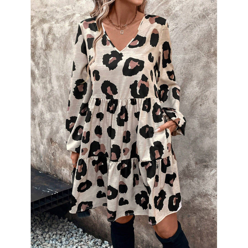 Leopard Print V-Neck Tiered Dress