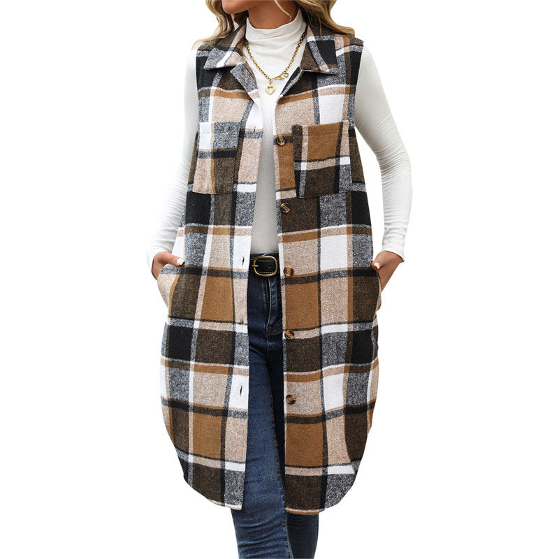 Plaid Button-Up Sleeveless Vest with Pockets