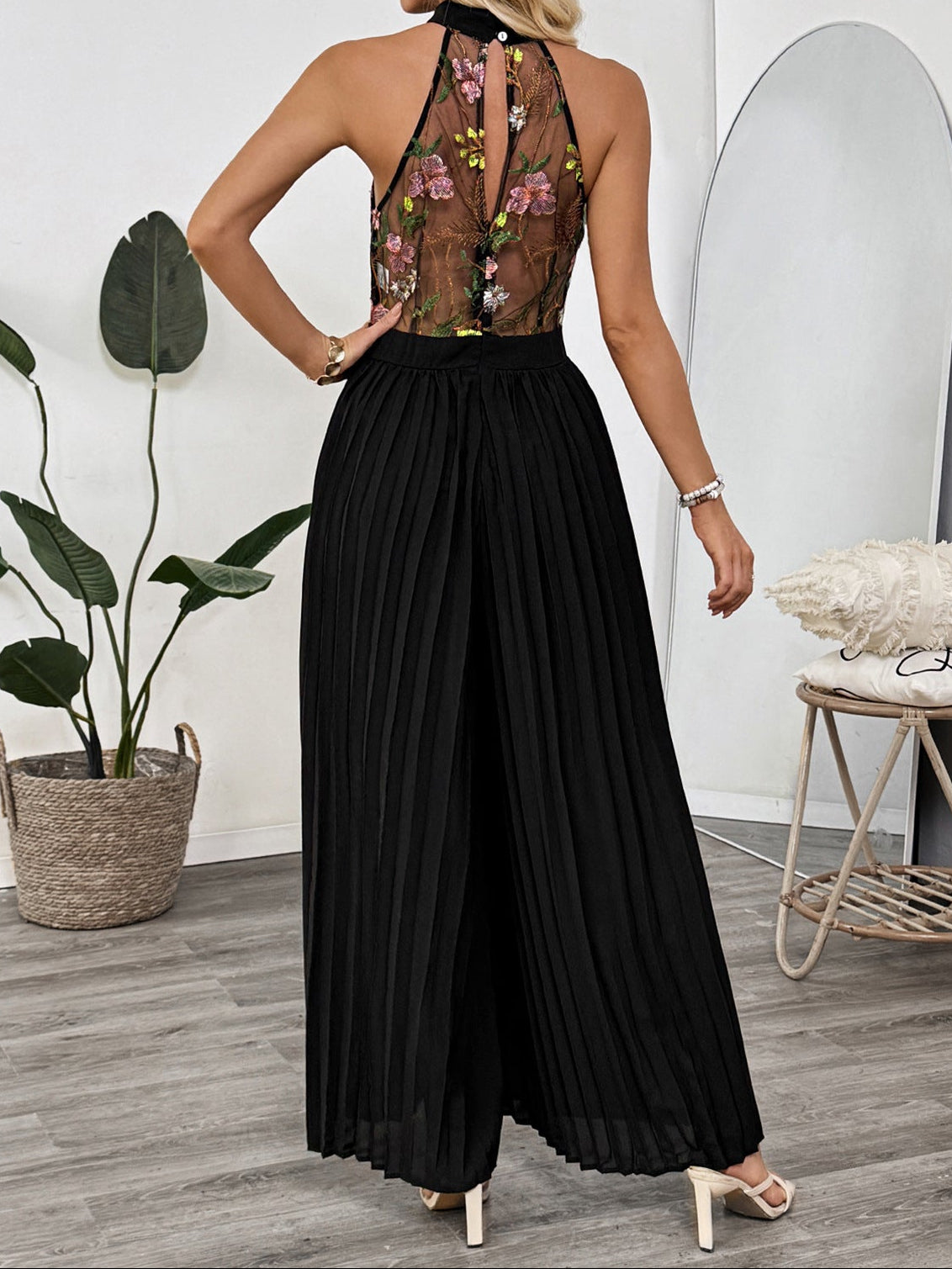 Women Lace Halter Wide Leg Jumpsuit