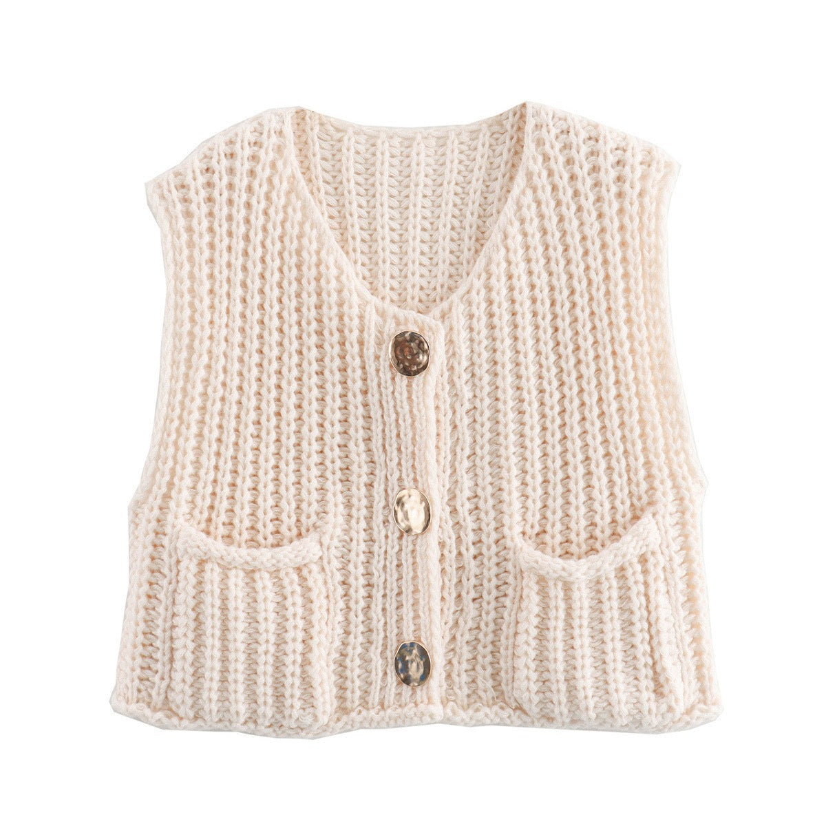 V-Neck Button Front Knitted Vest with Pockets