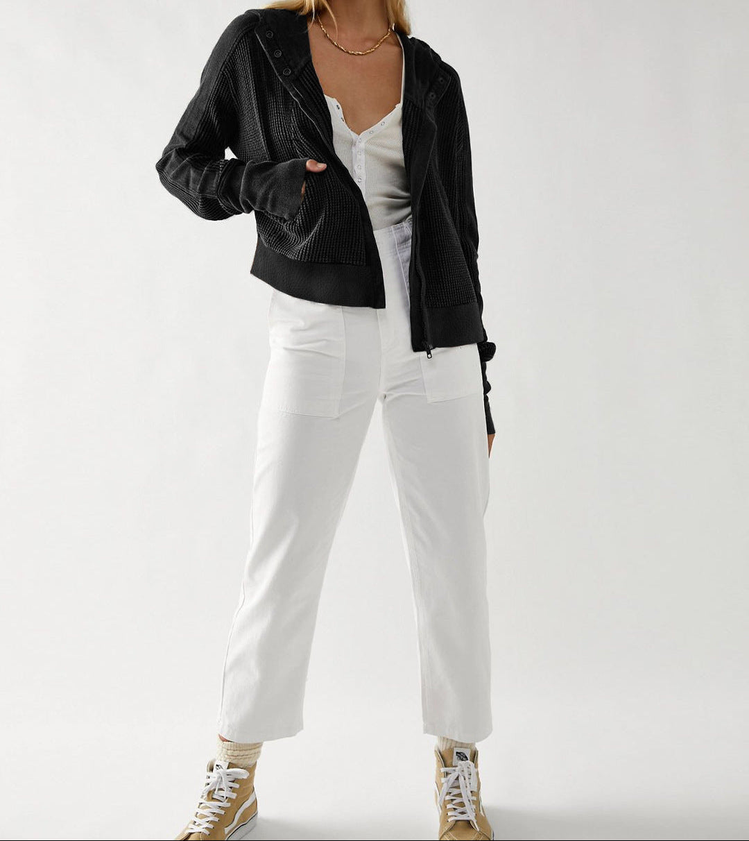 Zip Up Hooded Patchwork Knit Jacket