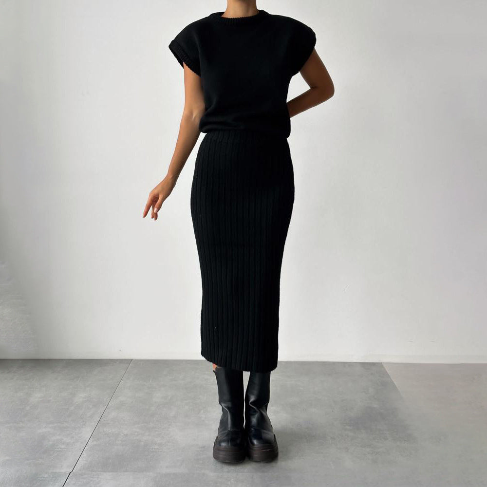 Women Sleeveless Knit Sweater Top and Long Skirt Set