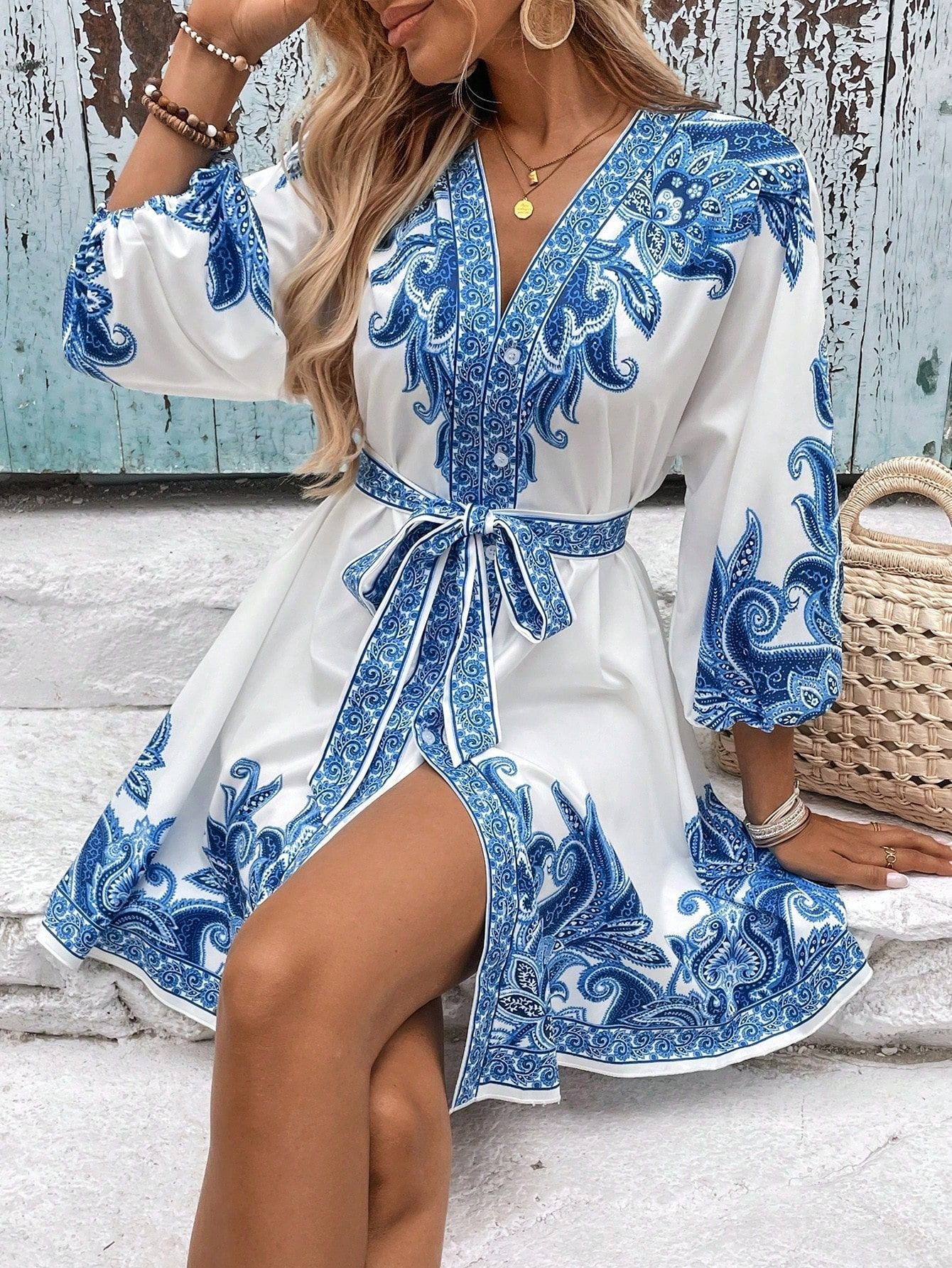 Paisley Print V-Neck Dress with Belted Waist