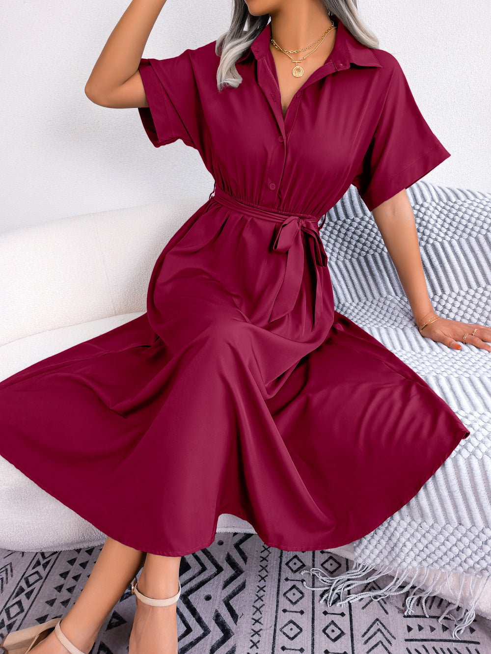Loose Solid Tie Waist Shirt Dress
