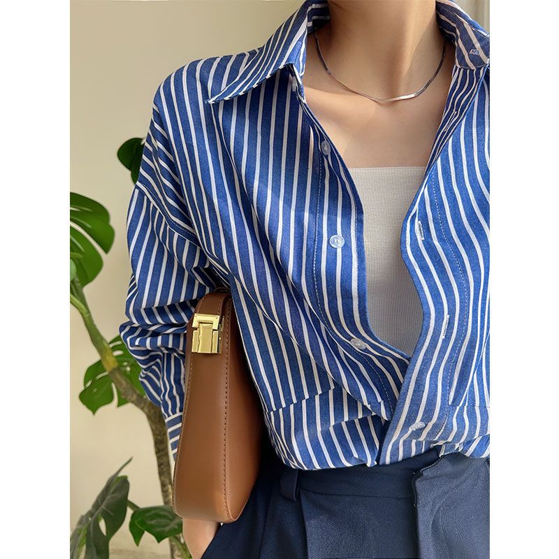Relaxed Blue Striped Long Sleeve Shirt
