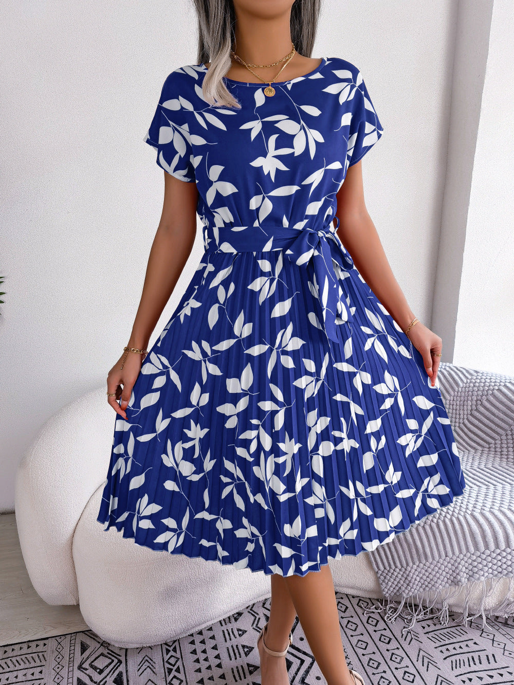 Leaf Print Pleated Maxi Dress Casual Summer Women