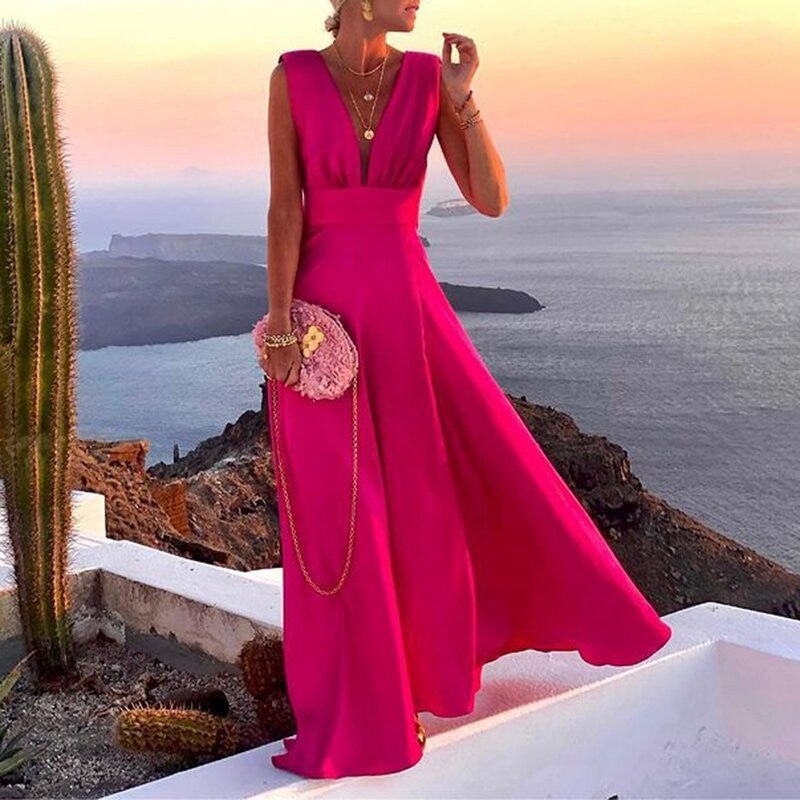 Solid Pattern Mid-Waist French Style Dress