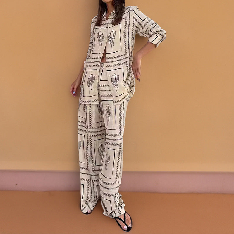 Printed Long Sleeve Shirt and Wide Leg Pants Set