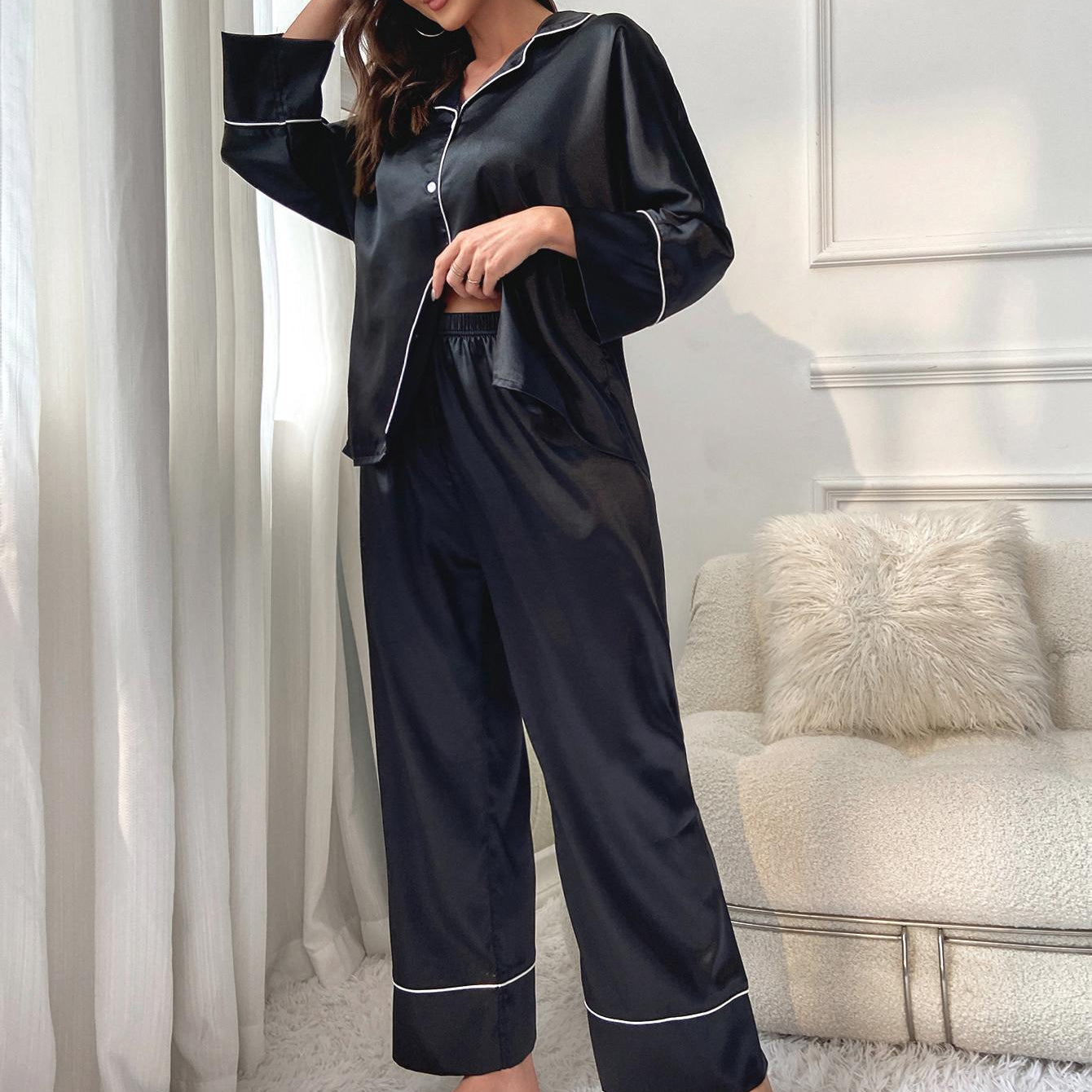 Solid Trim Long Sleeve Pajama Set