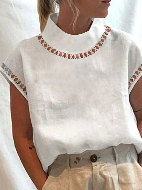 Hollow-Out High-Neck Linen Lace Casual Blouse