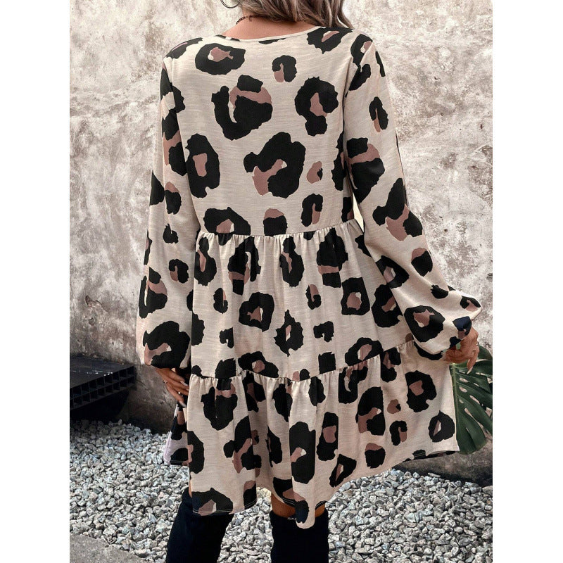 Leopard Print V-Neck Tiered Dress