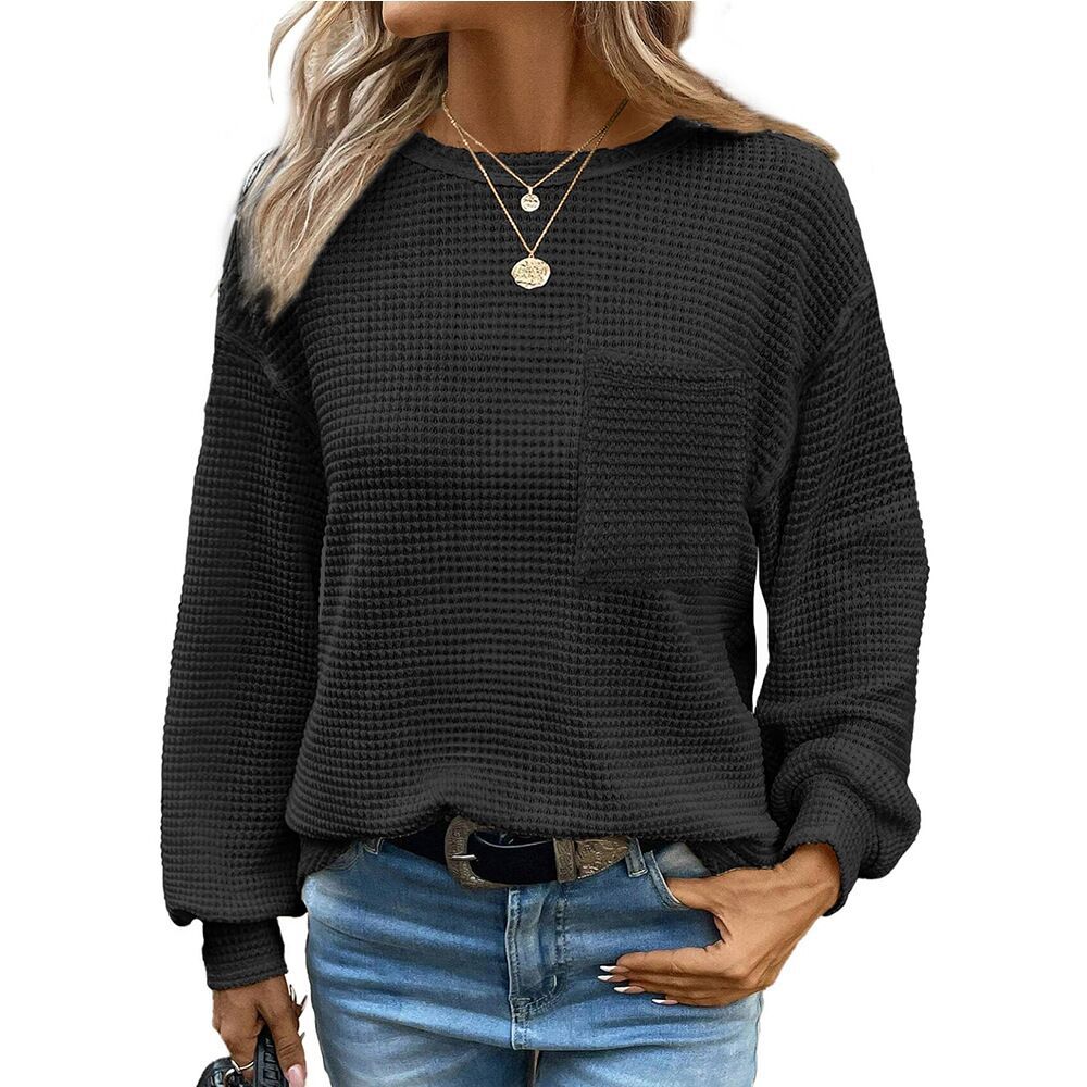 Waffle Knit Long Sleeve Top with Pocket