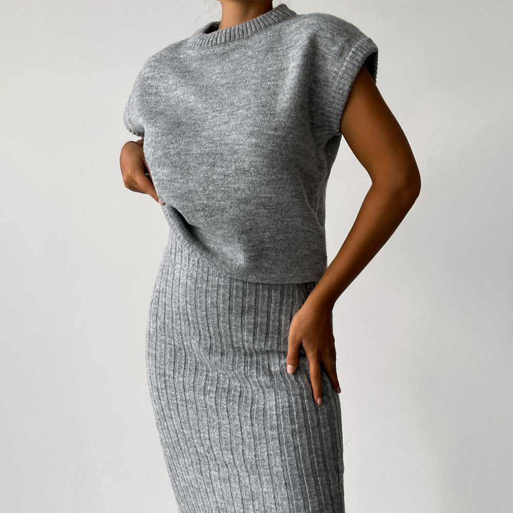 Women Sleeveless Knit Sweater Top and Long Skirt Set