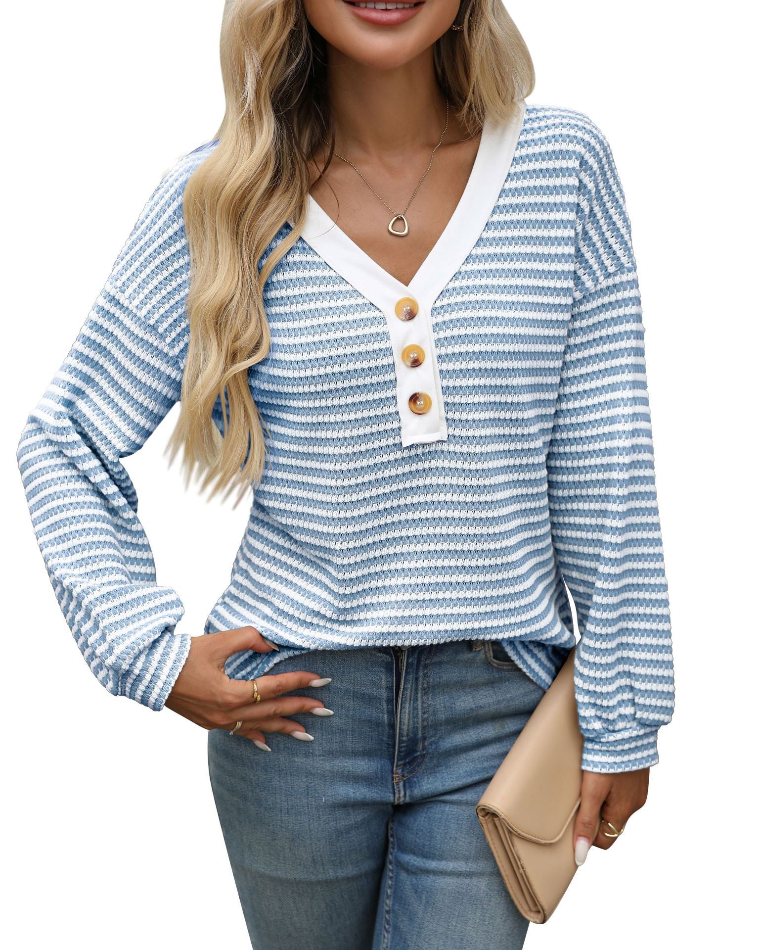 Striped Button-Up V-Neck Top