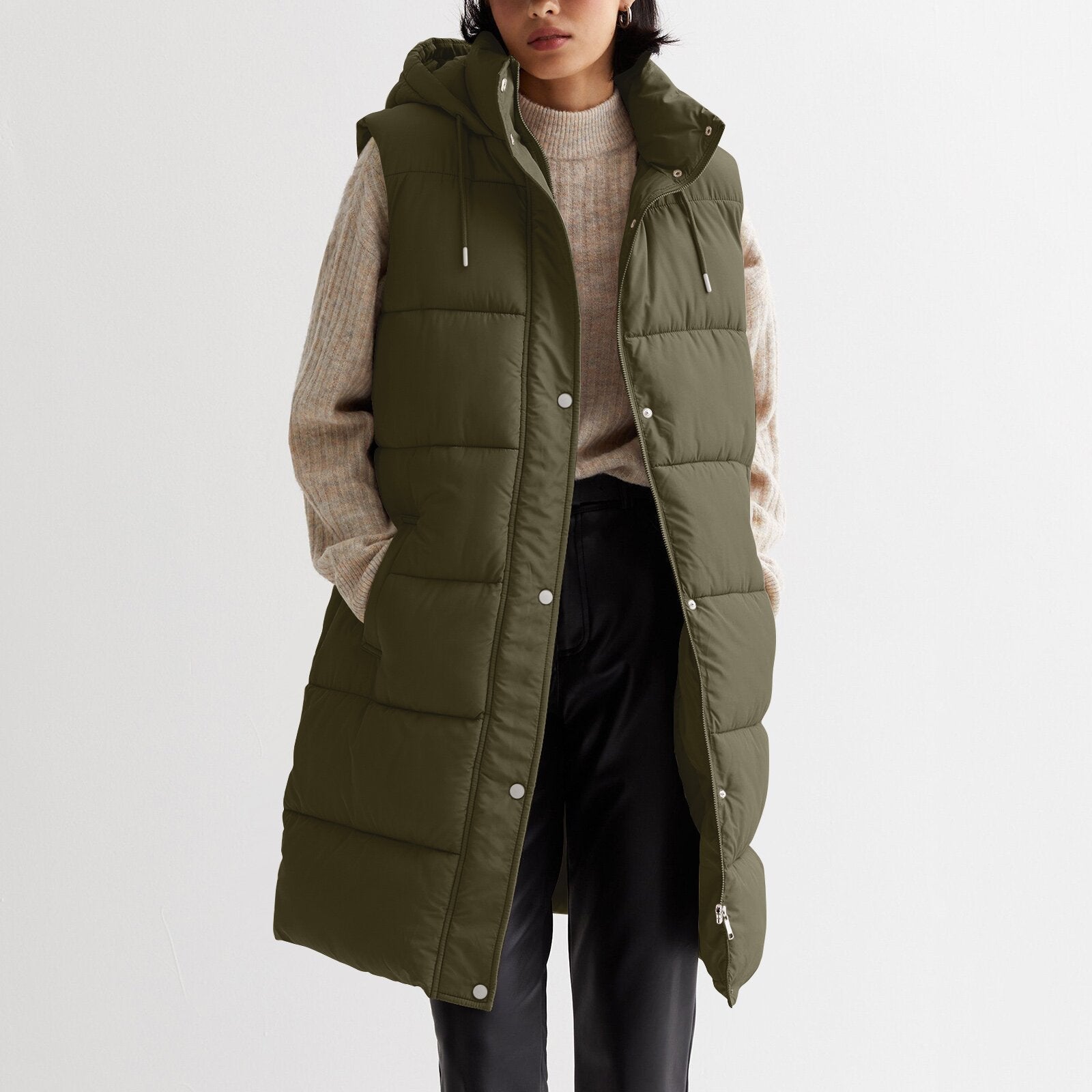 Solid Hooded Longline Zip Vest