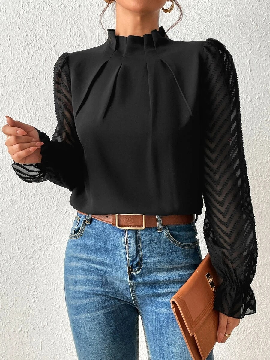 Chevron Sleeve Pleated Collar Blouse