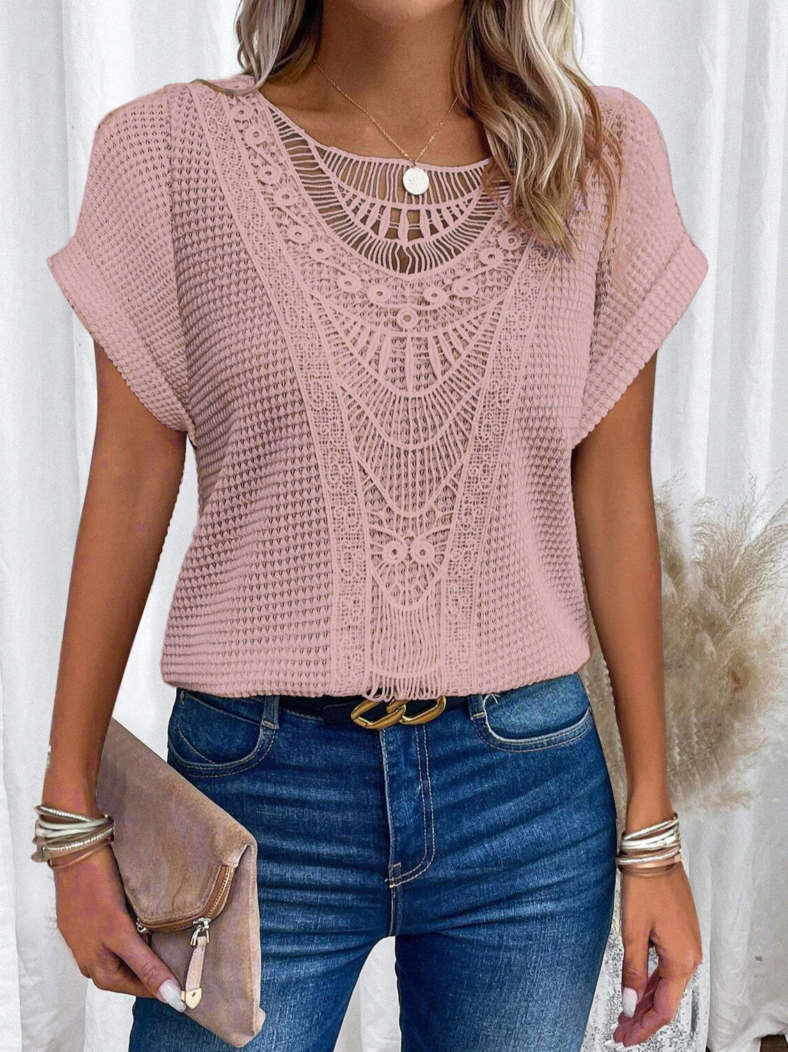 Floral Lace Trim V-neck Short Sleeve Blouse