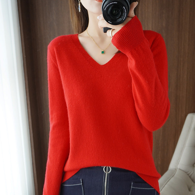 V Neck Lightweight Knit Slim Fit Pullover Sweater
