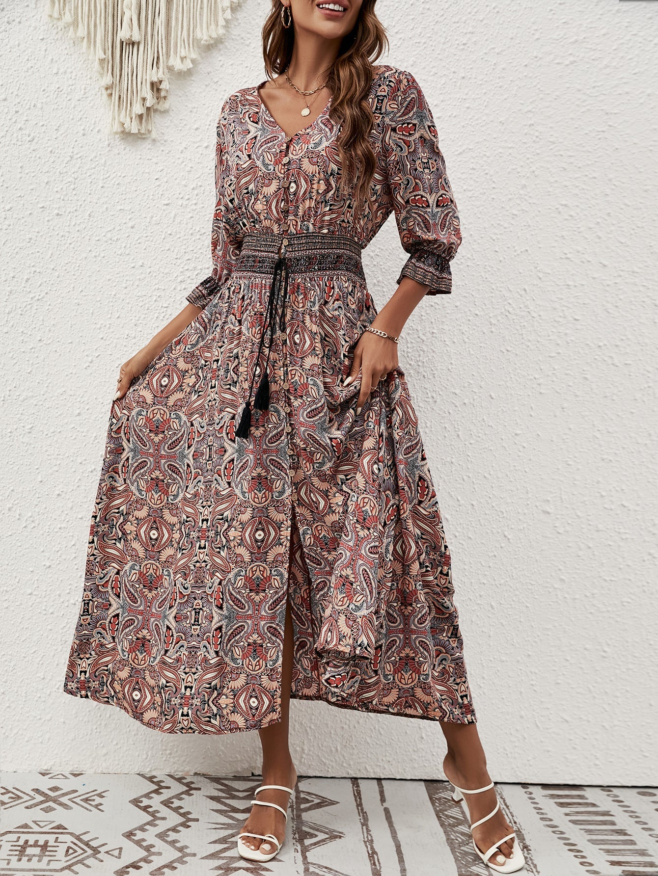 Boho Print Button Front Waist Tie Beach Dress
