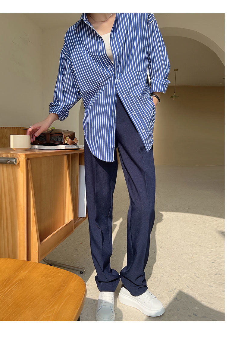 Relaxed Blue Striped Long Sleeve Shirt