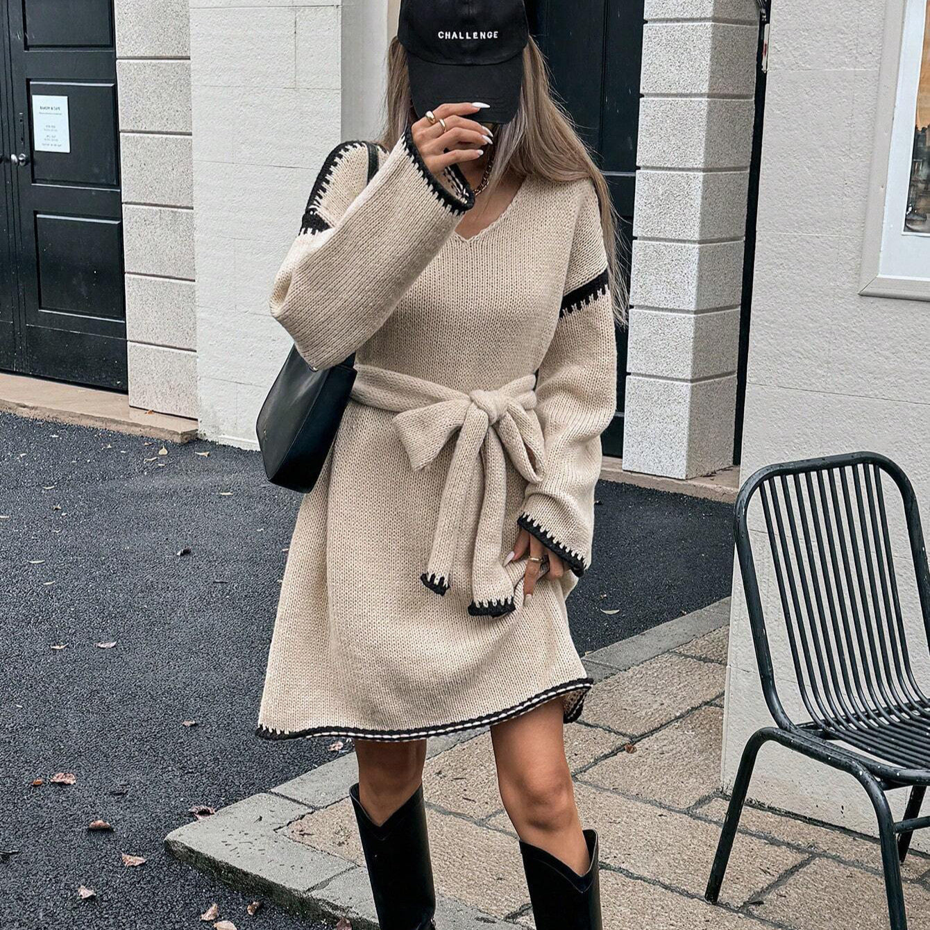 Relaxed V-Neck Knit Dress with Tie Waist