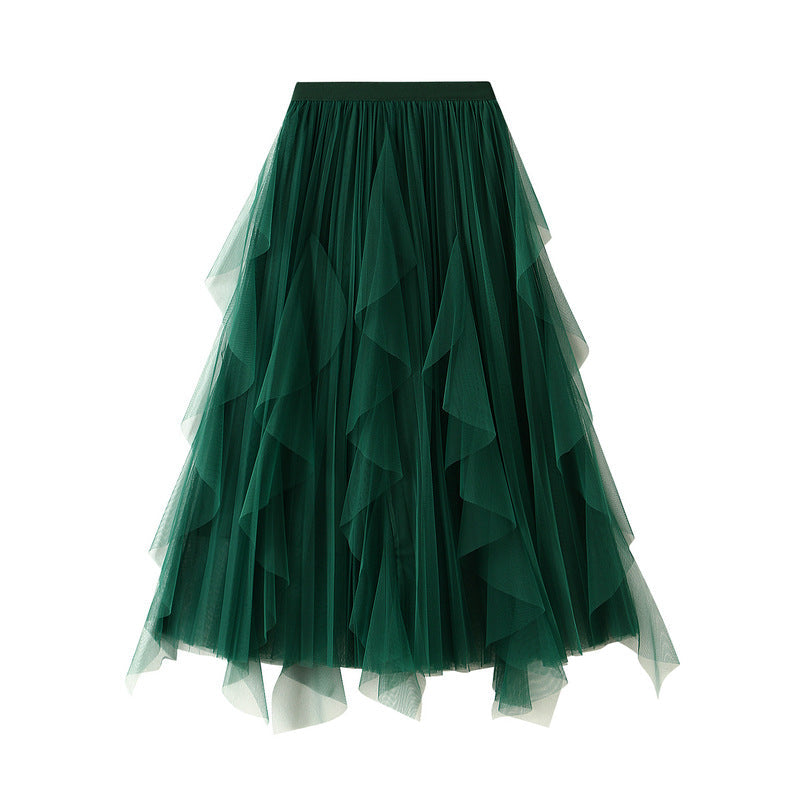 High Waist Ruffle Mesh Pleated Midi Skirt