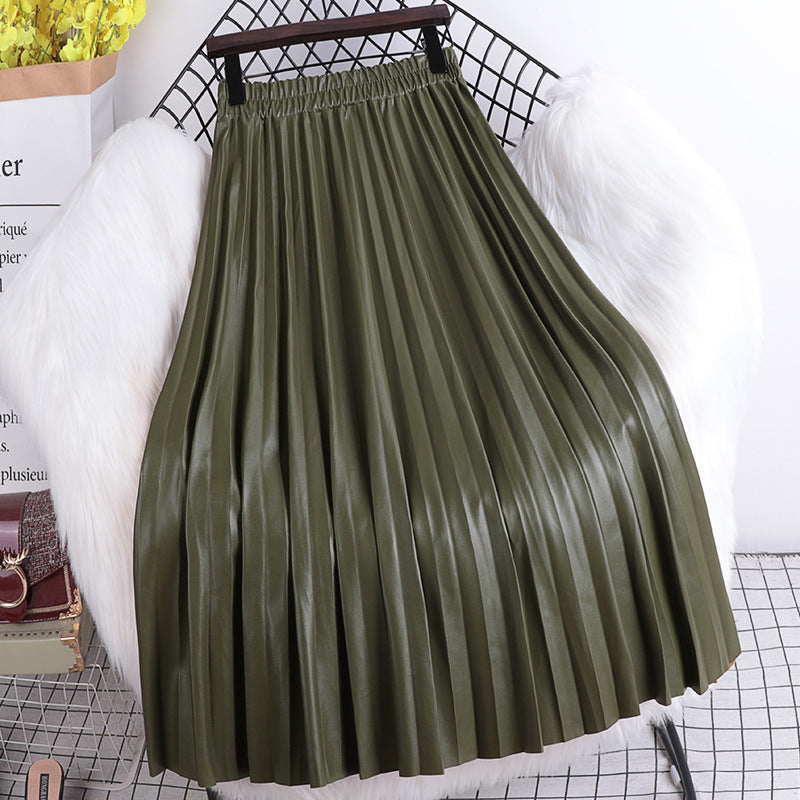 High-Waist Pleated A-Line PU Leather Skirt