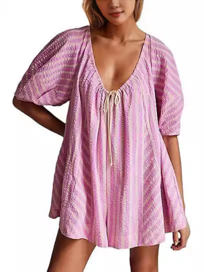 Striped Short Sleeve Deep V Wide Leg Jumpsuit