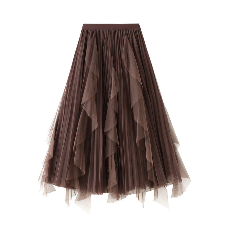 High Waist Ruffle Mesh Pleated Midi Skirt