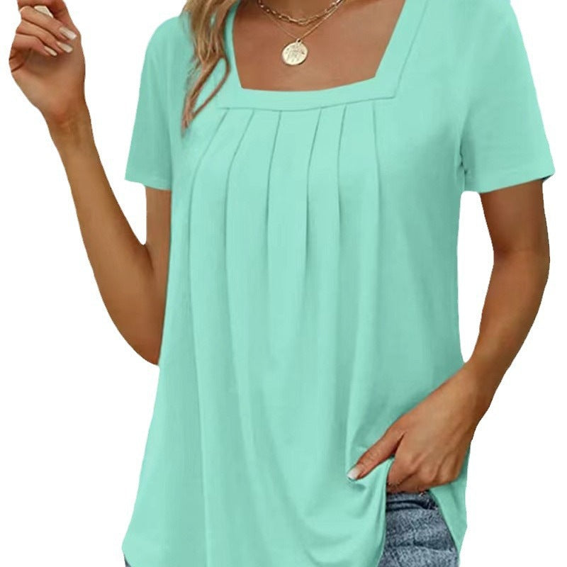 Square Neck Pleated Short Sleeve T-shirt